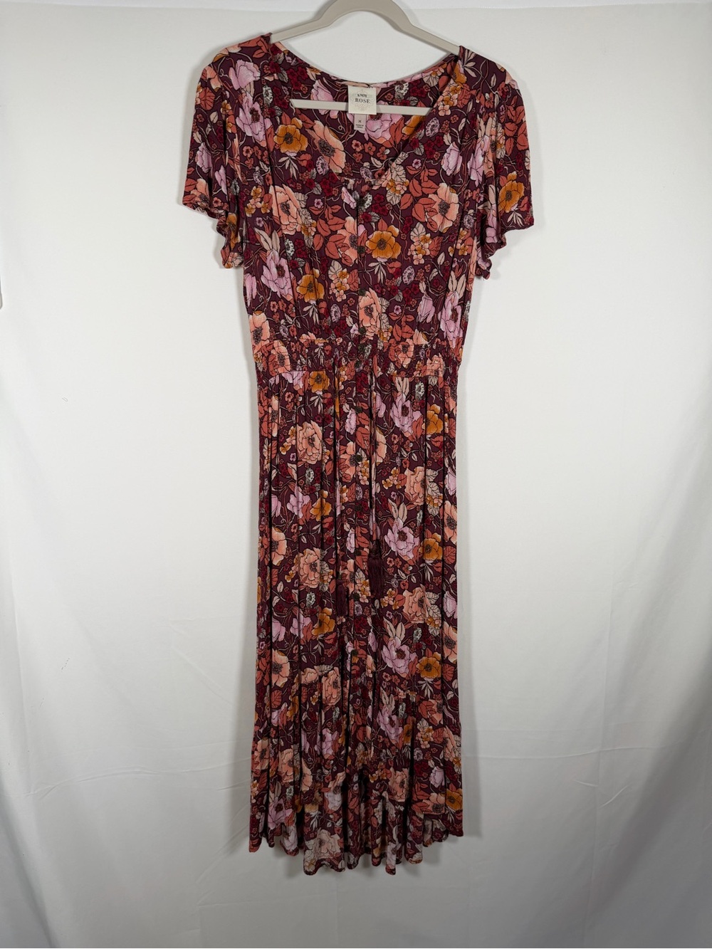 Knox Rose Boho Burgundy Floral Midi Dress with Pink & Mustard Accents
